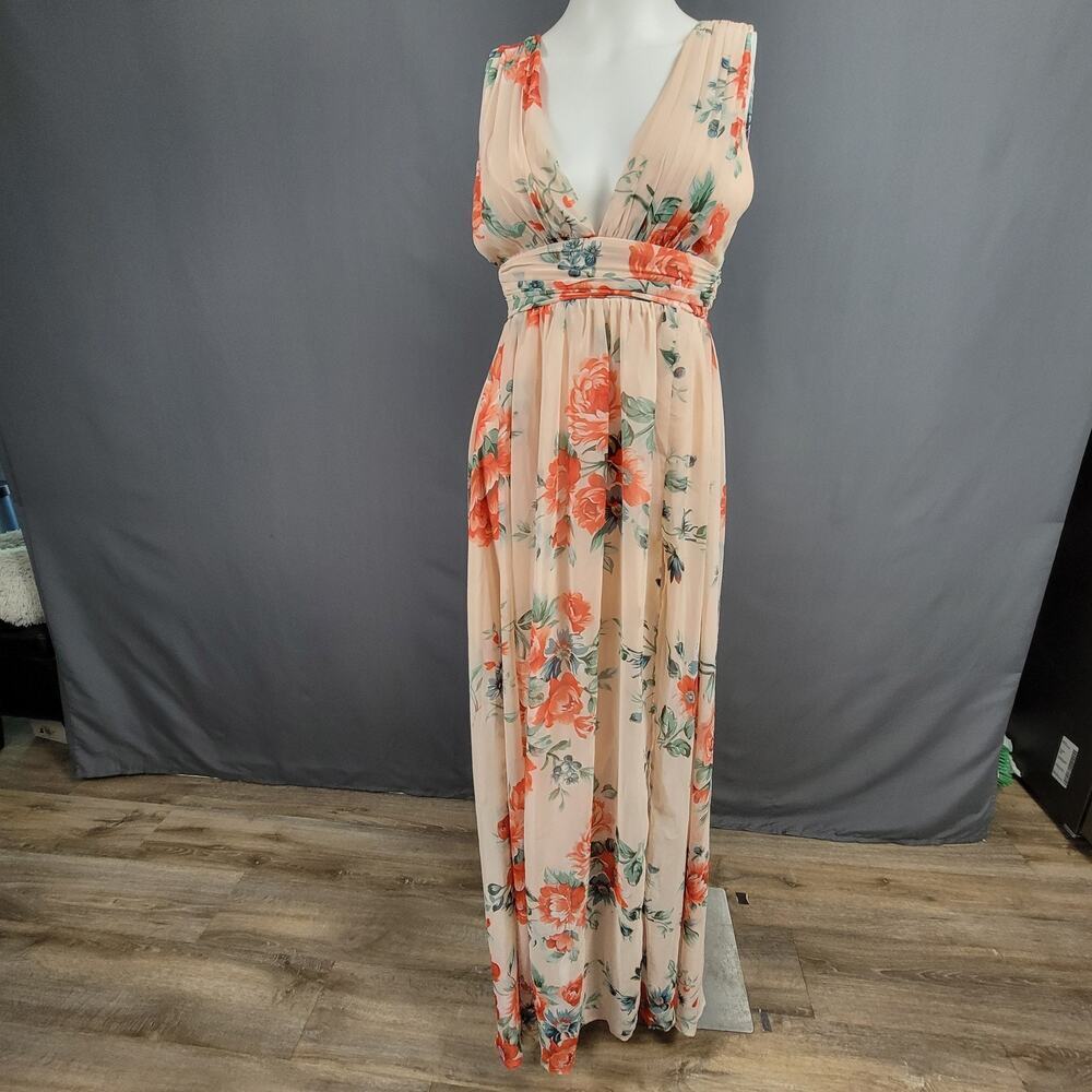 Lulus Maxi Dress XS Floral Chiffon Peach Plunge Wedding Guest